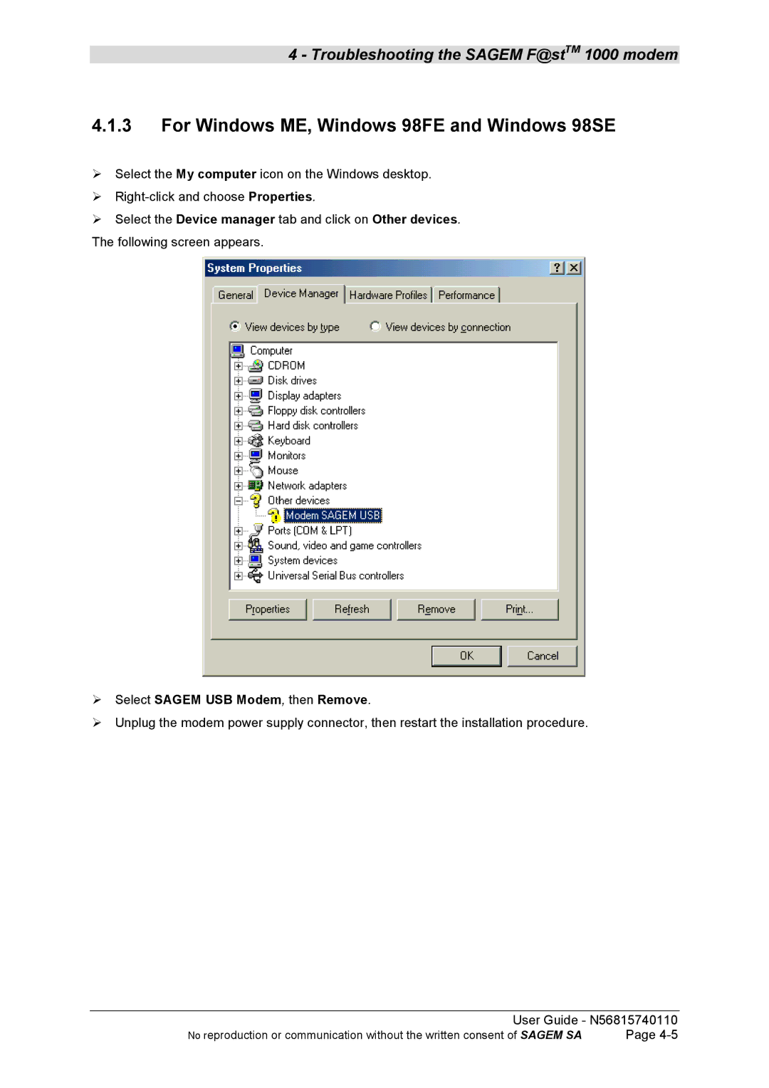 Sagem N56815740110 manual For Windows ME, Windows 98FE and Windows 98SE, Select Sagem USB Modem, then Remove 