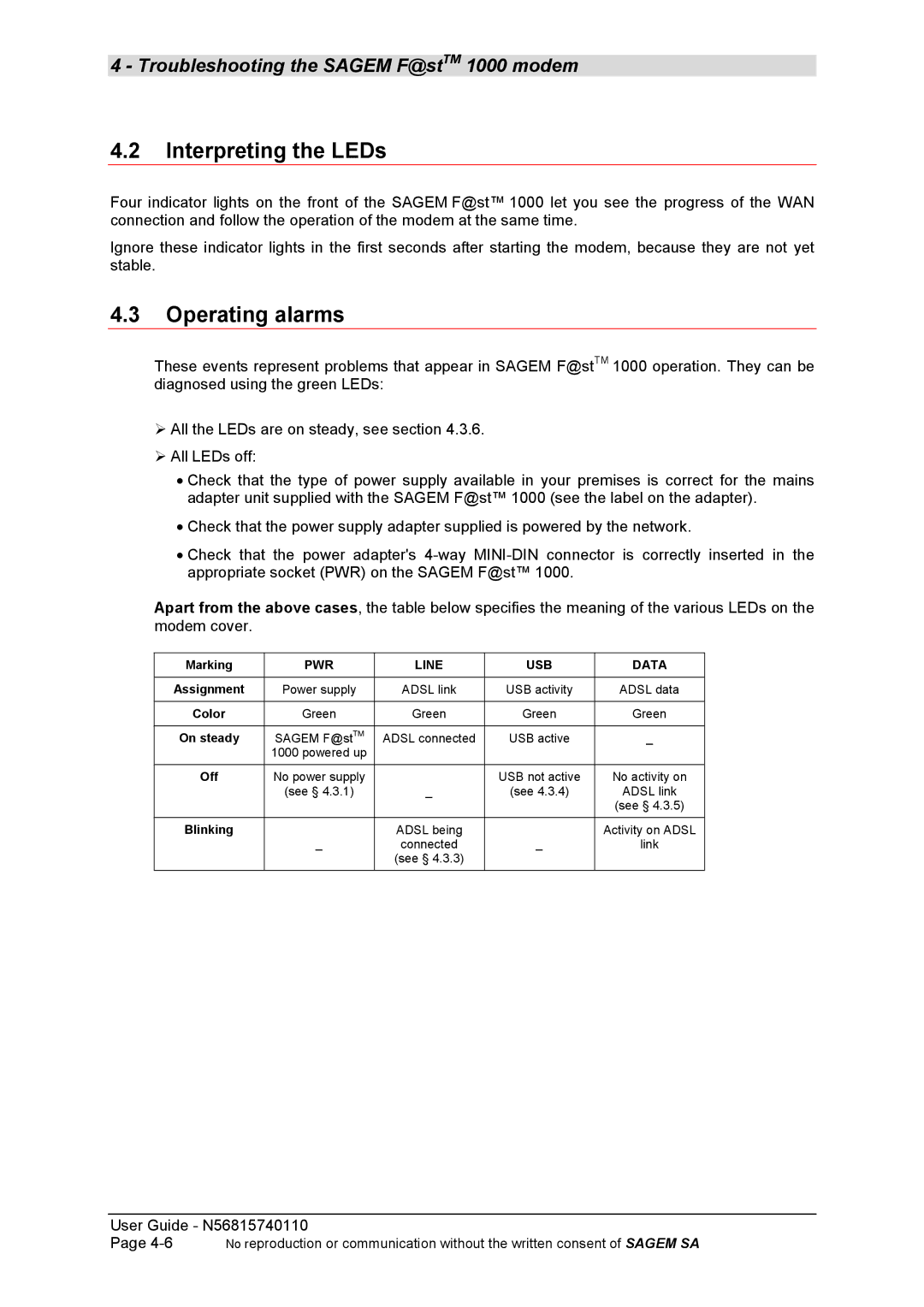 Sagem N56815740110 manual Interpreting the LEDs, Operating alarms 