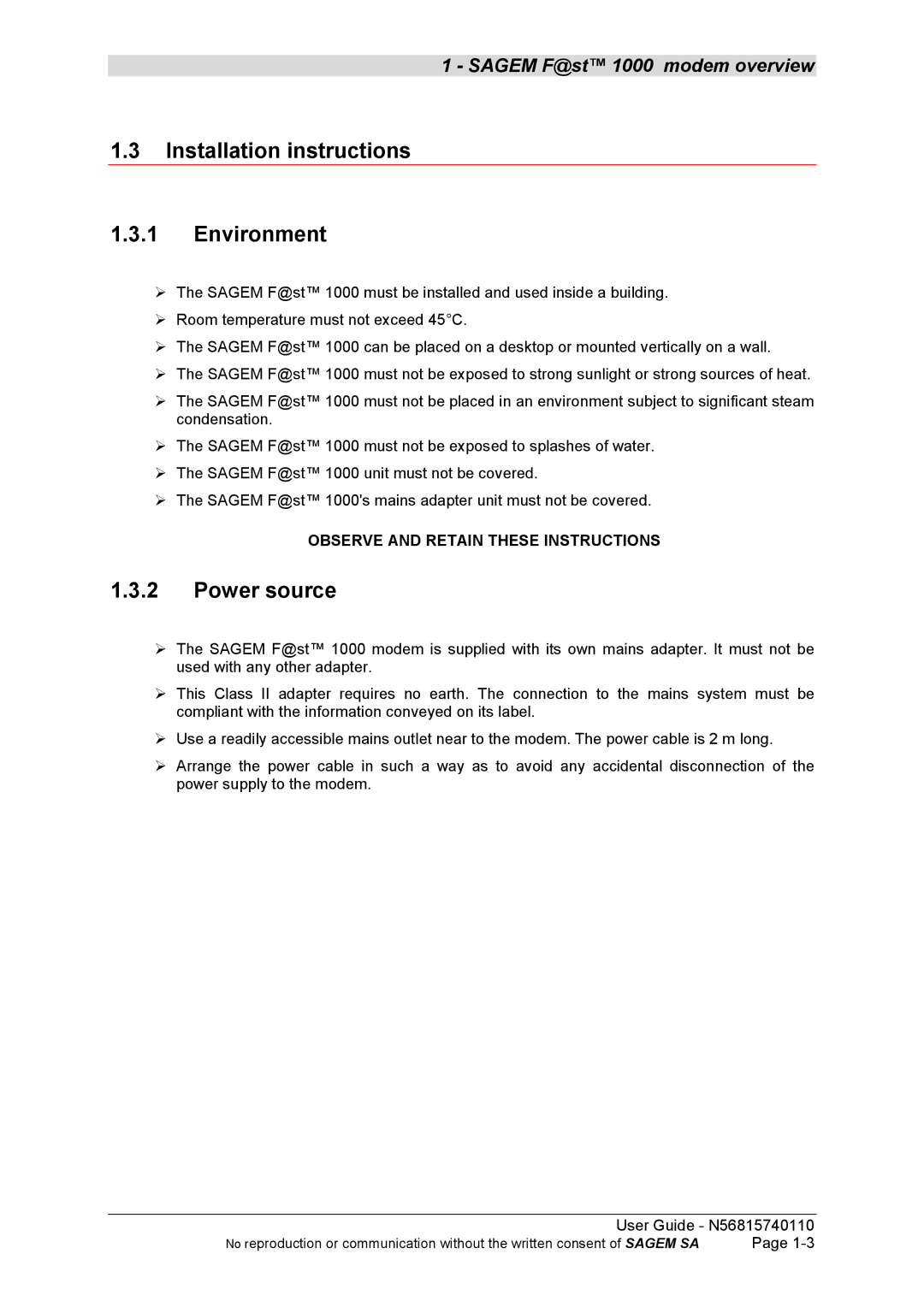 Sagem N56815740110 manual Installation instructions Environment, Power source 