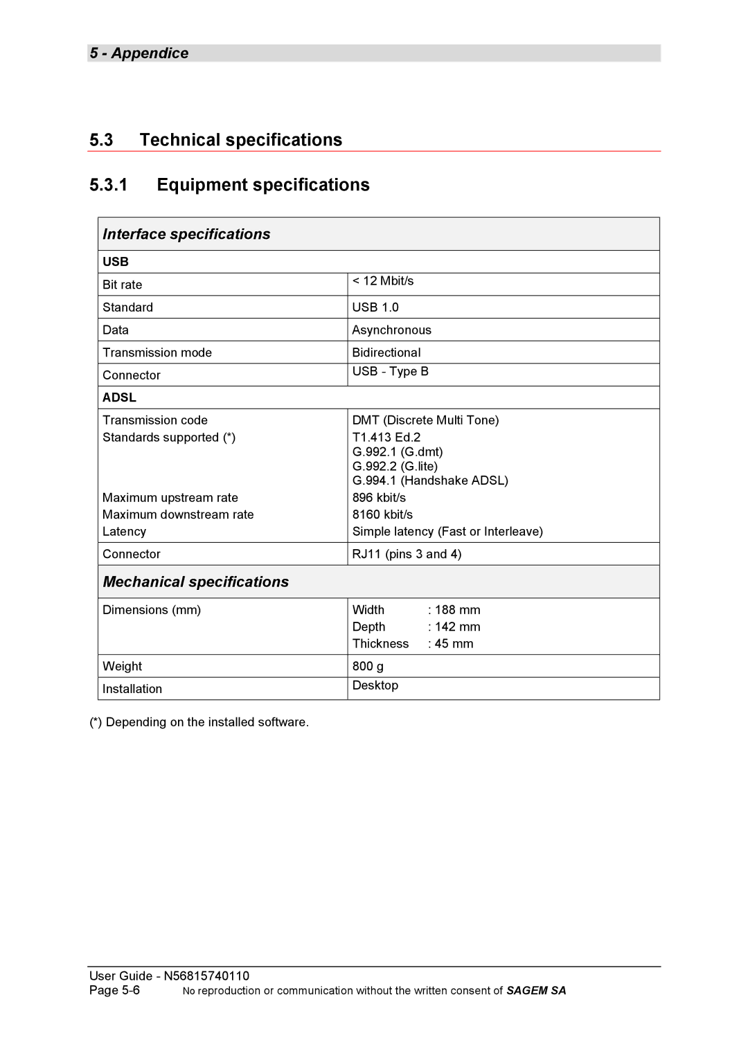 Sagem N56815740110 manual Technical specifications Equipment specifications, Interface specifications 