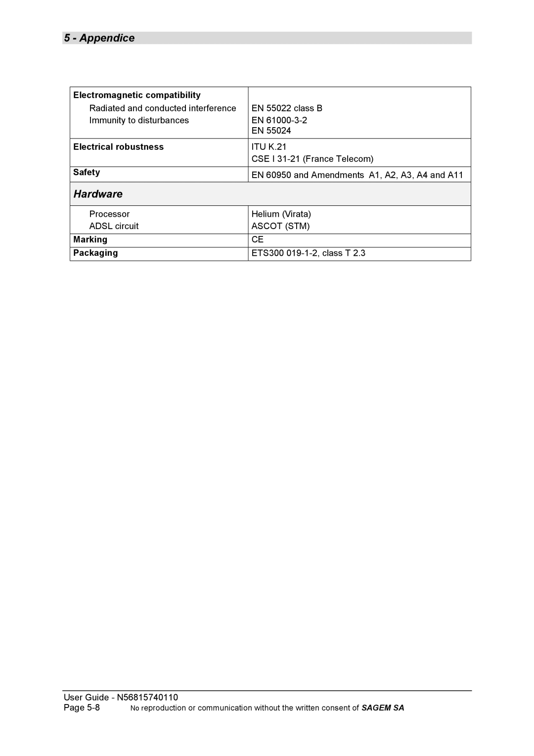 Sagem N56815740110 manual Electromagnetic compatibility, Electrical robustness, Safety, Marking Packaging 