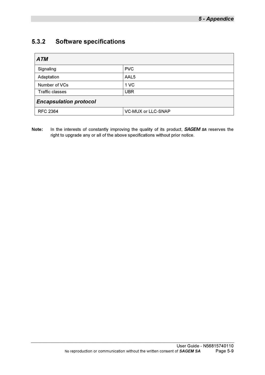 Sagem N56815740110 manual Software specifications, Atm 