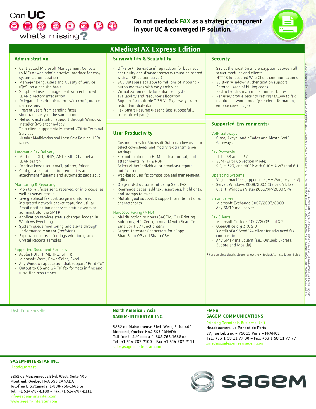 Sagem XMediusFAX manual Security, North America / Asia, Sagem CoMMuNICATIoNS 