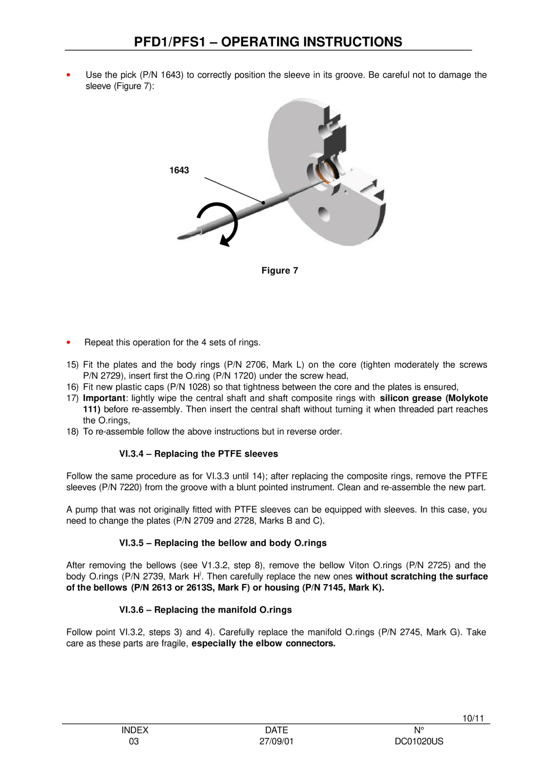 Saint Gobain Vidros PFS1, PFD1 manual 1643, VI.3.4 Replacing the Ptfe sleeves, VI.3.5 Replacing the bellow and body O.rings 