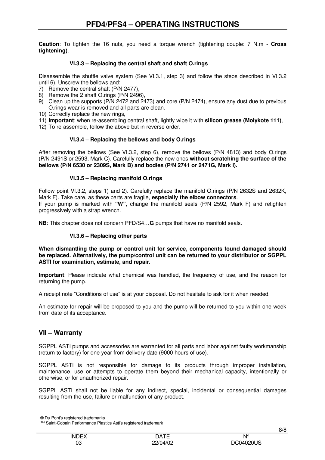 Saint Gobain Vidros PFS4, PFD4 manual VII Warranty, VI.3.3 Replacing the central shaft and shaft O.rings 