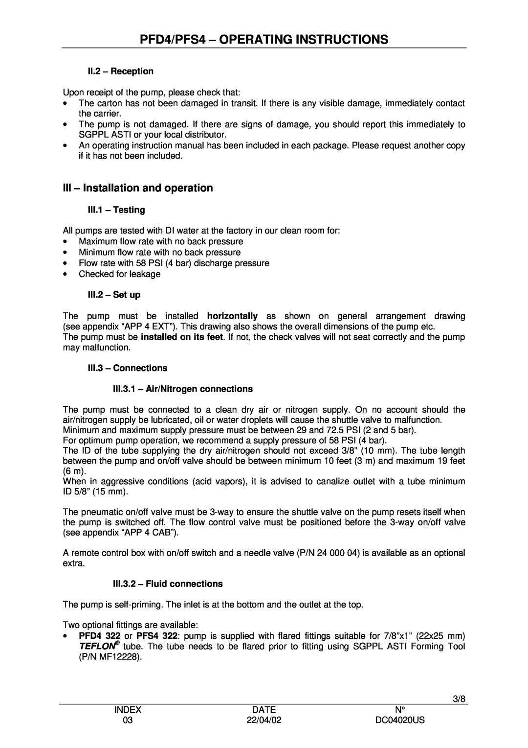 Saint Gobain Vidros PFD4, PFS4 manual III - Installation and operation, II.2 - Reception, III.1 - Testing, III.2 - Set up 