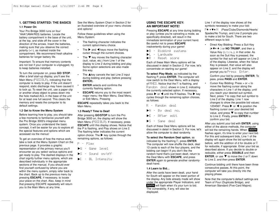 Saitek 3000 user manual Getting Started the Basics, Using the Escape KEY AN Important Note, Enter 