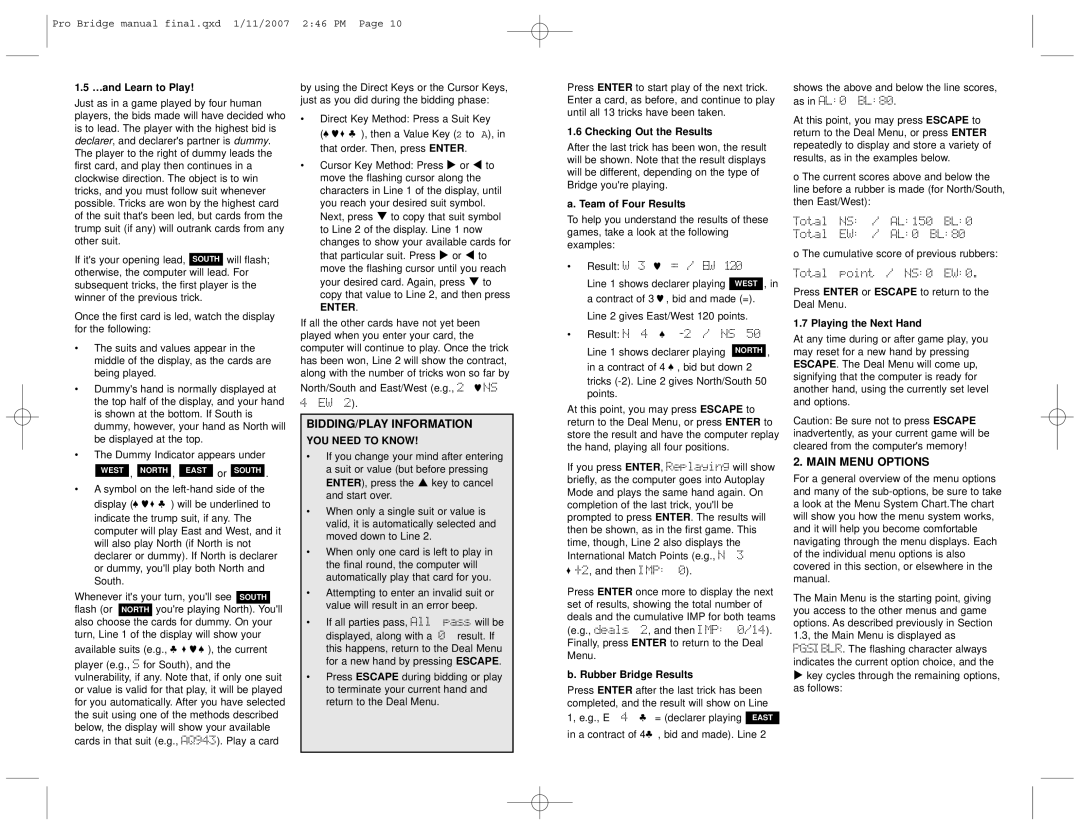 Saitek 3000 user manual BIDDING/PLAY Information, Main Menu Options, YOU Need to Know 