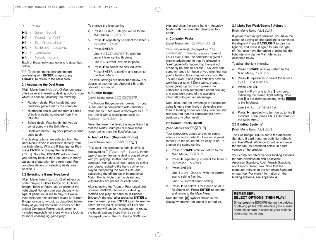 Saitek 3000 user manual Remember Select OPTIONS, then Play 