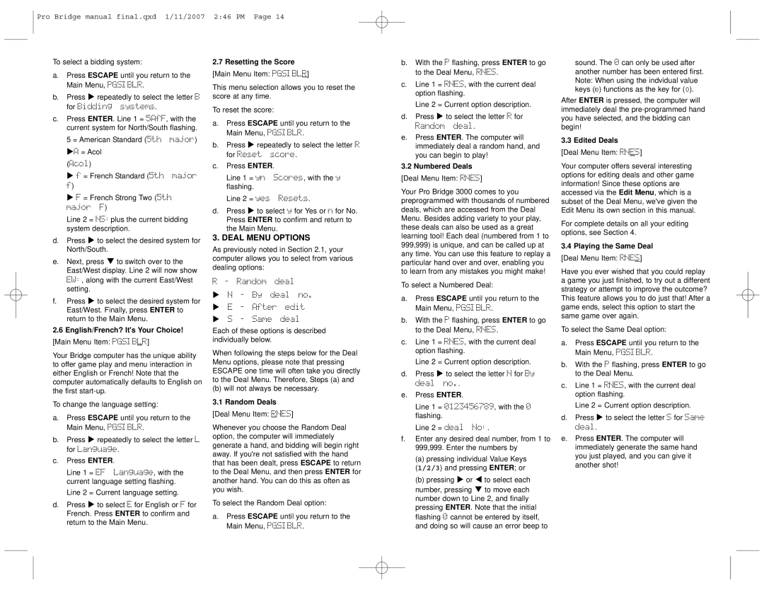 Saitek 3000 user manual Deal Menu Options 