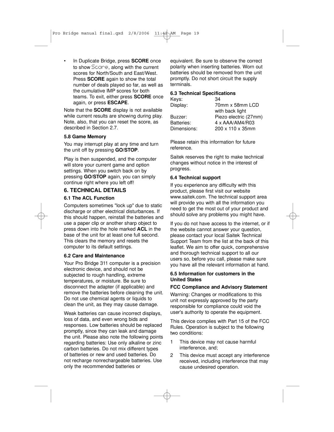 Saitek 311 user manual Technical Details 