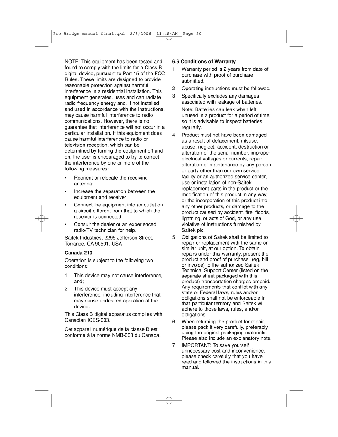 Saitek 311 user manual Canada, Conditions of Warranty 