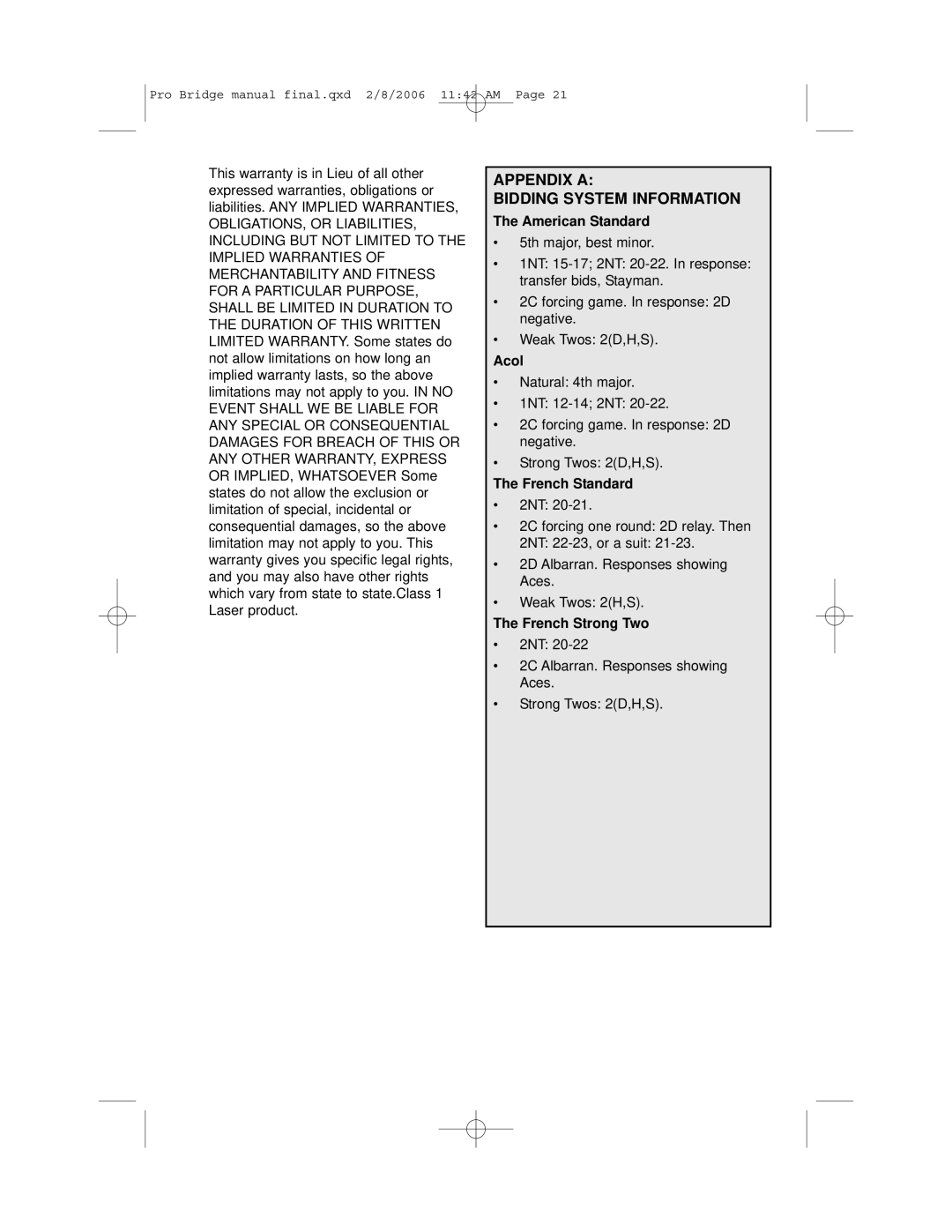 Saitek 311 user manual Appendix a Bidding System Information, American Standard, Acol, French Standard, French Strong Two 