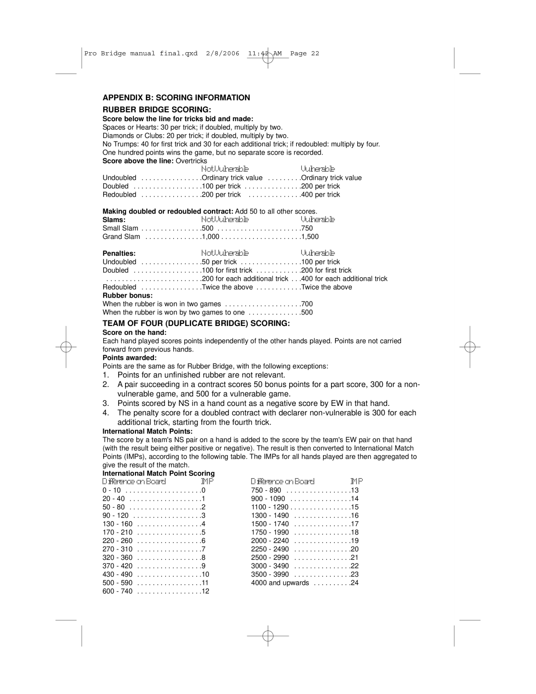 Saitek 311 user manual Appendix B Scoring Information Rubber Bridge Scoring, Team of Four Duplicate Bridge Scoring 