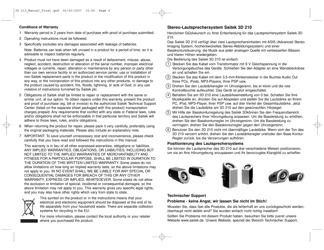 Saitek Stereo Speaker System, 3D 210 manual Stereo-Lautsprechersystem Saitek 3D, Positionierung des Lautsprechersystems 