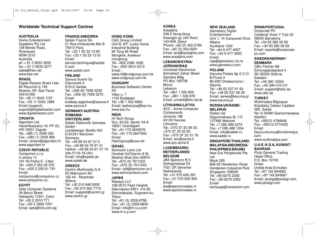 Saitek Stereo Speaker System, 3D 210 Worldwide Technical Support Centres, Czech Republic Computron s.r.o, Japan Masaya LLC 