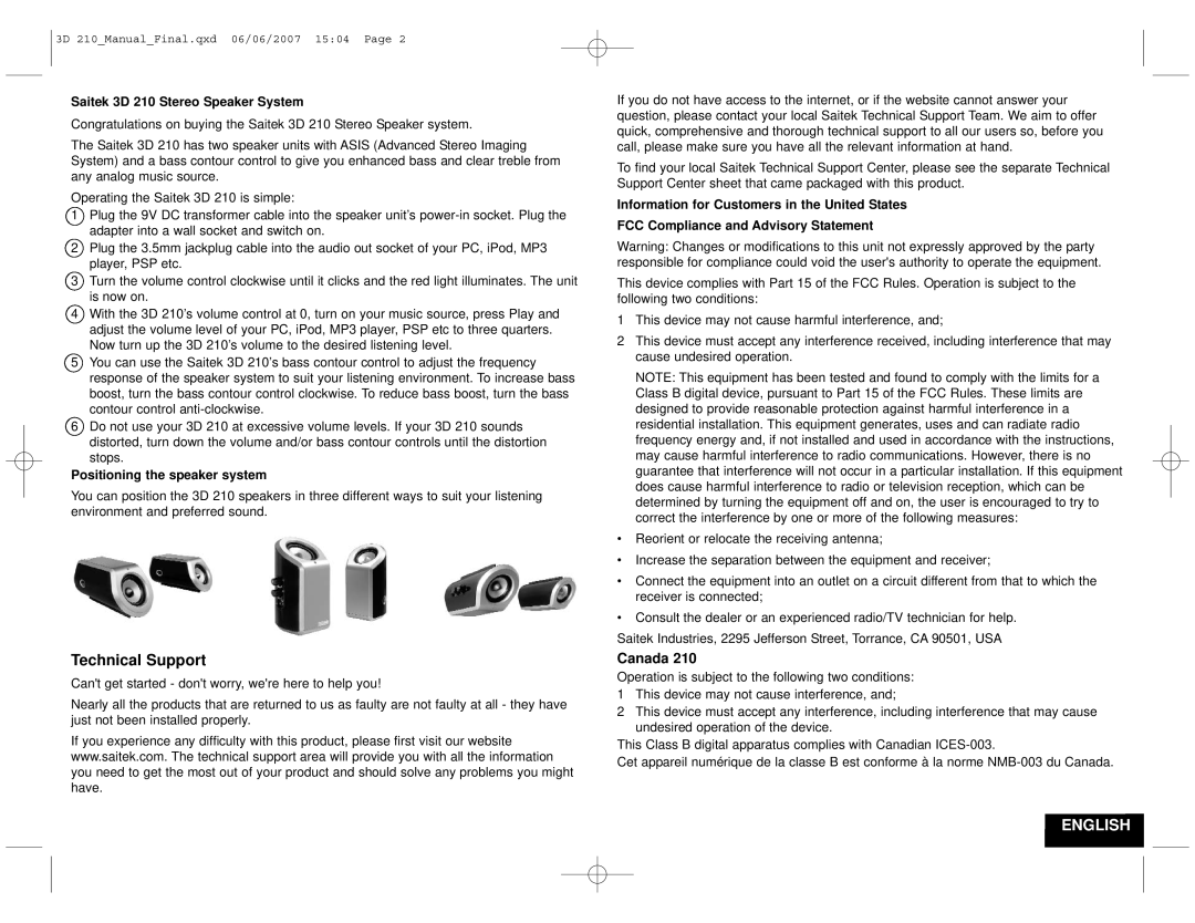 Saitek manual Technical Support, Canada, Saitek 3D 210 Stereo Speaker System, Positioning the speaker system, English 