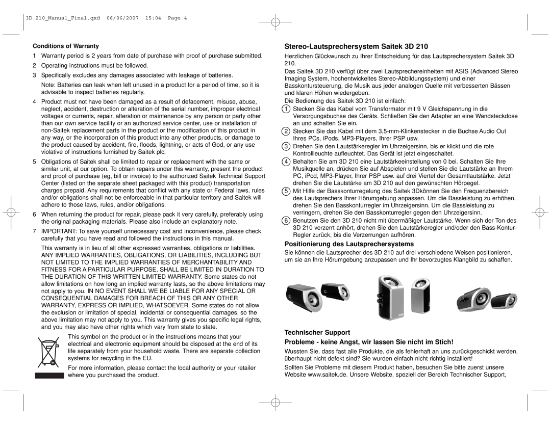 Saitek Stereo Speaker System, 3D 210 manual Stereo-LautsprechersystemSaitek 3D, Positionierung des Lautsprechersystems 