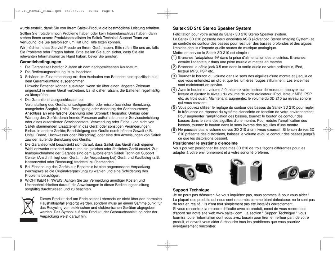 Saitek Saitek 3D 210 Stereo Speaker System, Garantiebedingungen, Positionner le système denceinte, Support Technique 