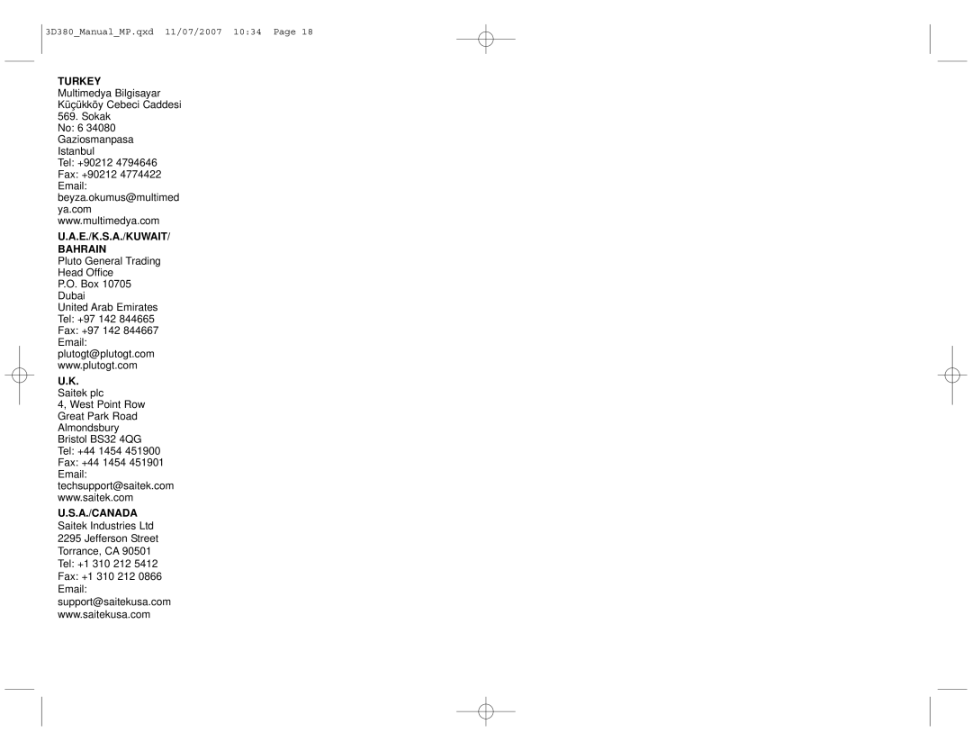 Saitek 3D 380 manual Turkey, Saitek plc 