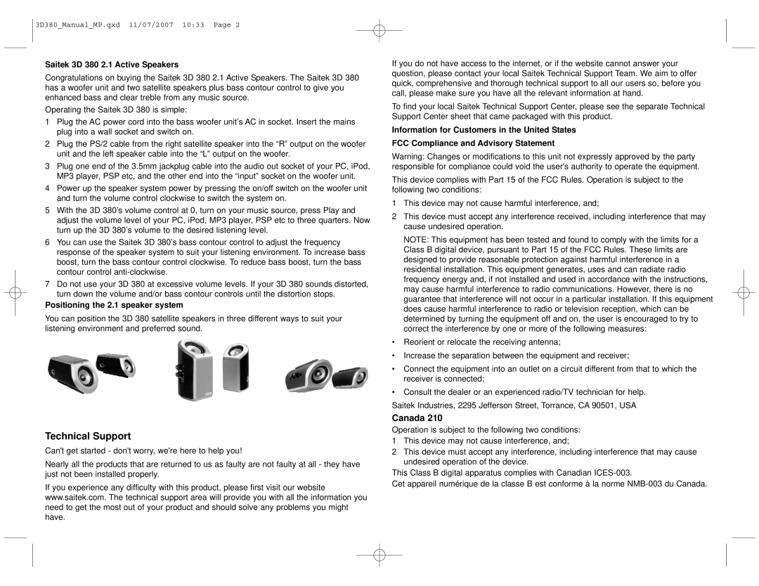 Saitek manual Technical Support, Canada, Saitek 3D 380 2.1 Active Speakers, Positioning the 2.1 speaker system 