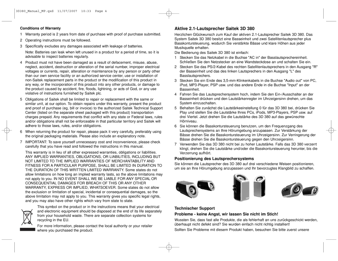 Saitek 3D 380 manual Aktive 2.1-Lautsprecher Saitek 3D, Positionierung des Lautsprechersystems, Conditions of Warranty 