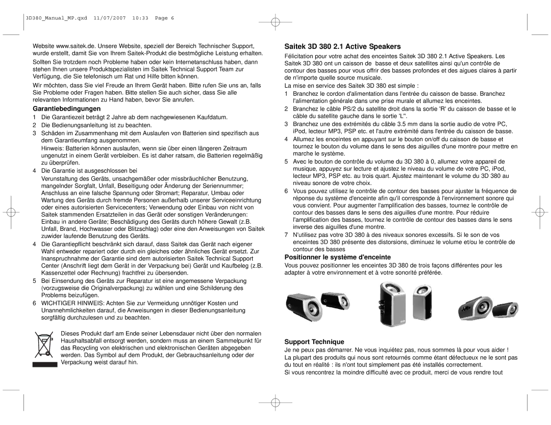 Saitek Saitek 3D 380 2.1 Active Speakers, Garantiebedingungen, Positionner le système denceinte, Support Technique 