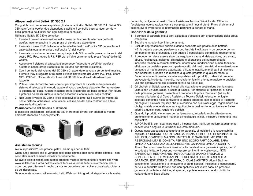 Saitek manual Altoparlanti attivi Saitek 3D 380, Assistenza tecnica, Condizioni della garanzia 