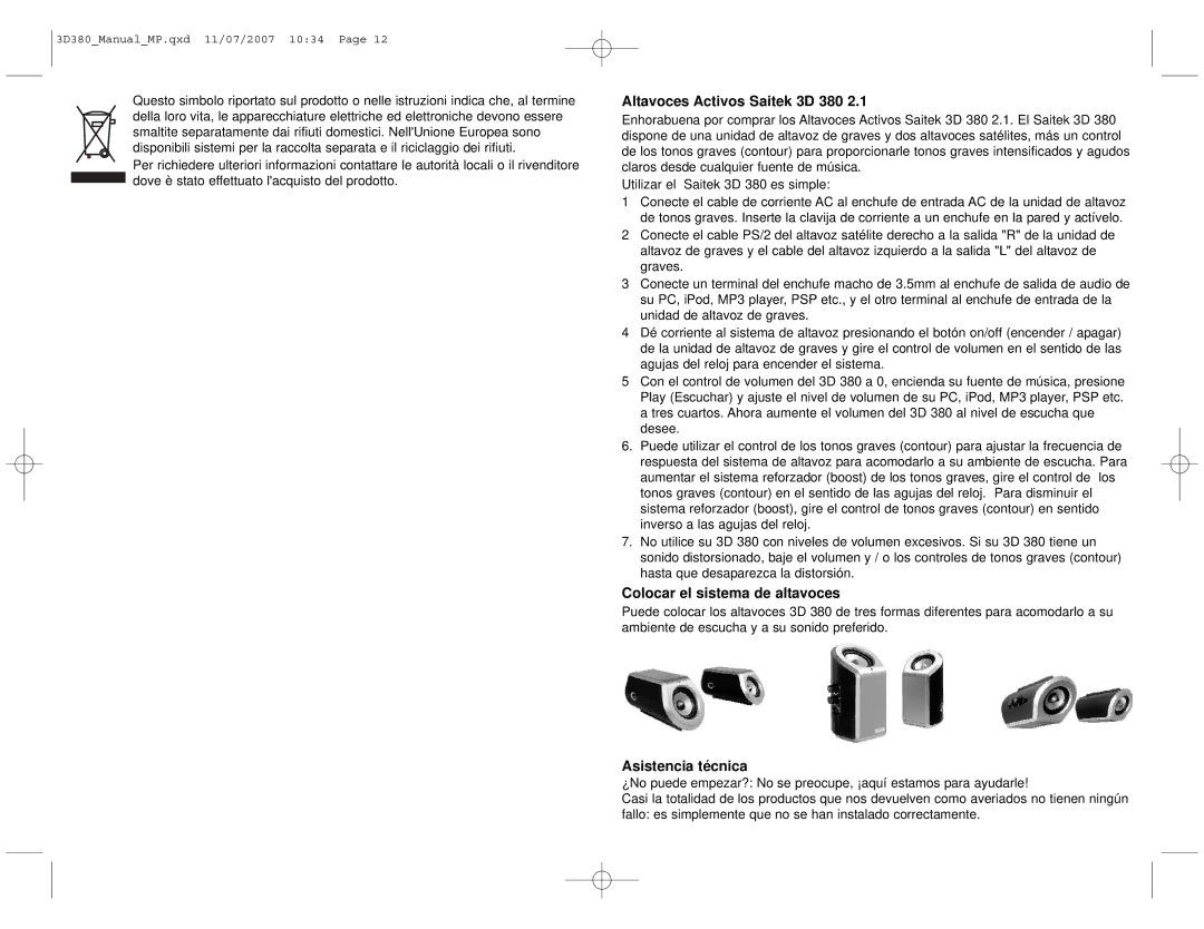 Saitek manual Altavoces Activos Saitek 3D 380, Colocar el sistema de altavoces, Asistencia técnica 