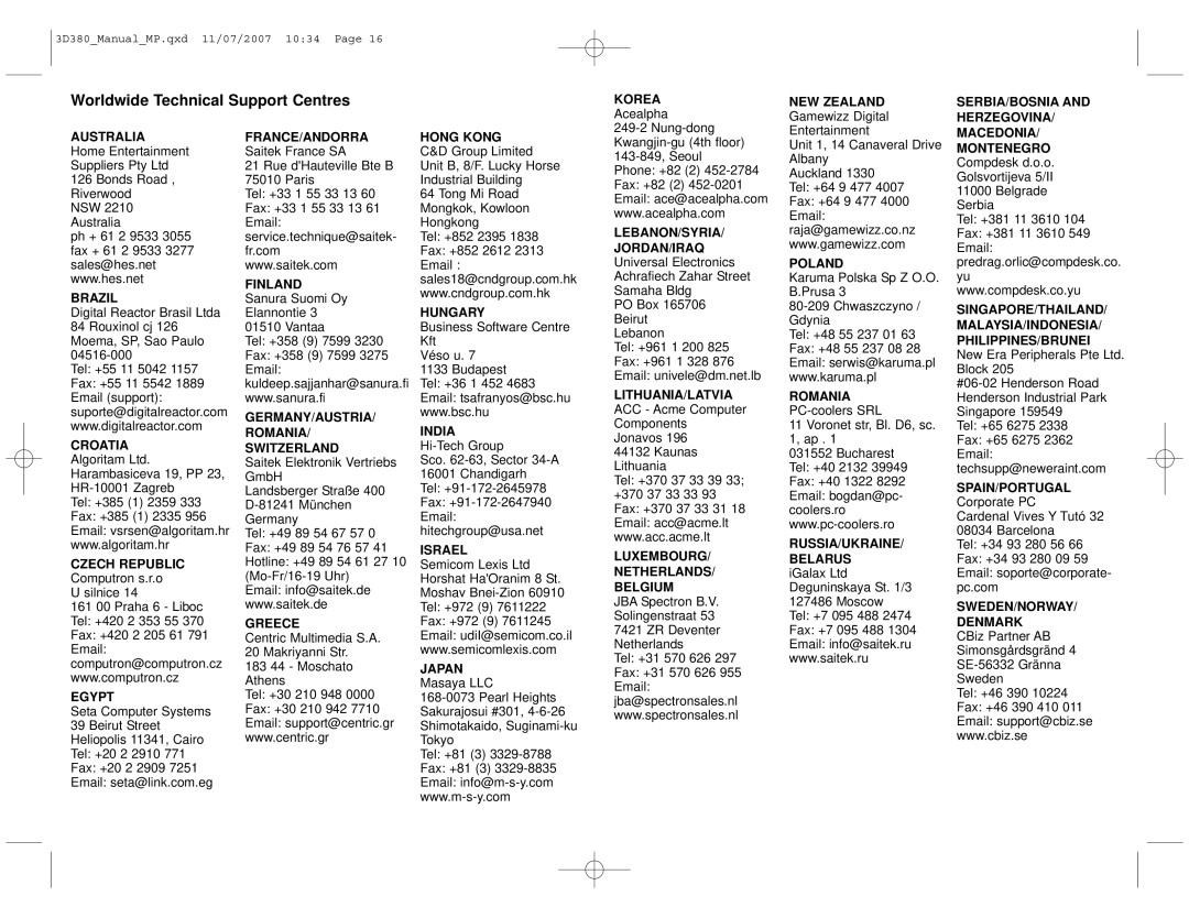 Saitek 3D 380 manual Worldwide Technical Support Centres 