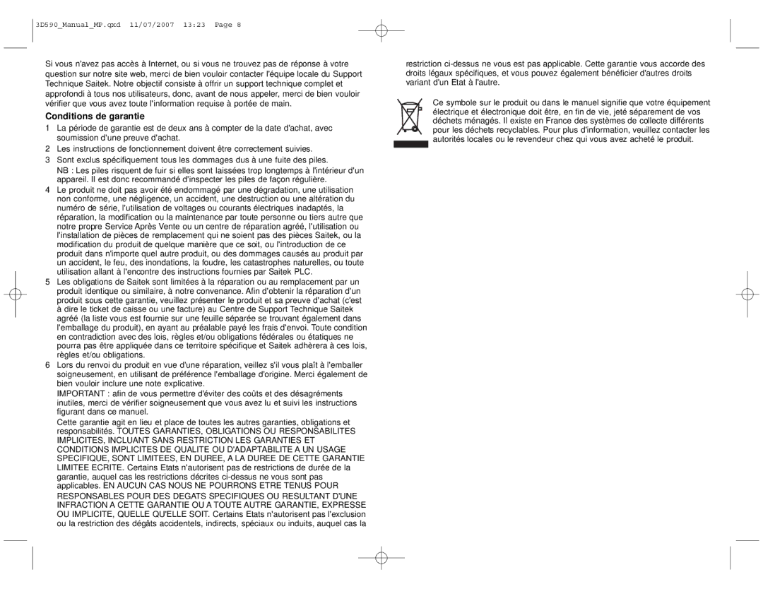 Saitek 3D 590 manual Conditions de garantie 