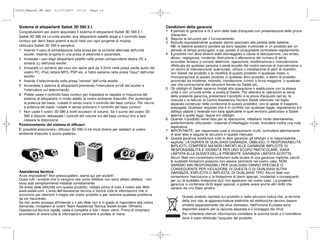 Saitek manual Sistema di altoparlanti Saitek 3D 590, Assistenza tecnica, Condizioni della garanzia 