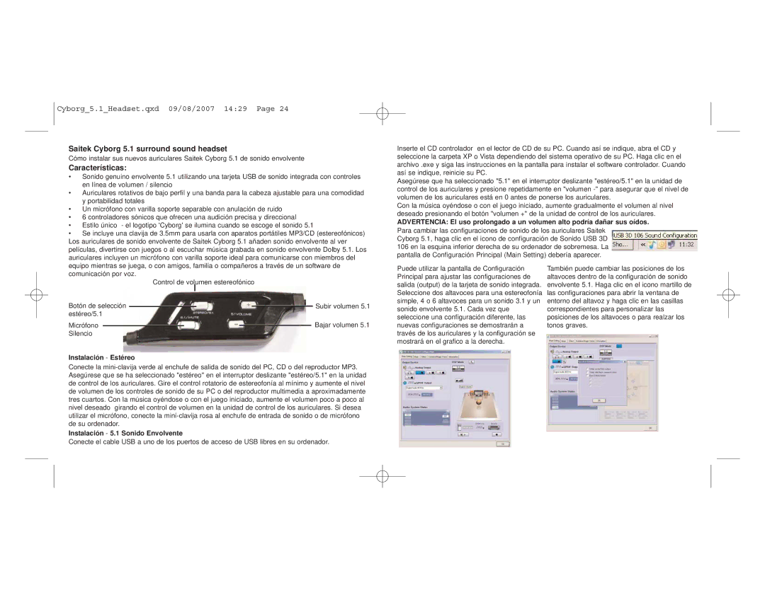 Saitek user manual Características, Instalación Estéreo, Instalación 5.1 Sonido Envolvente 