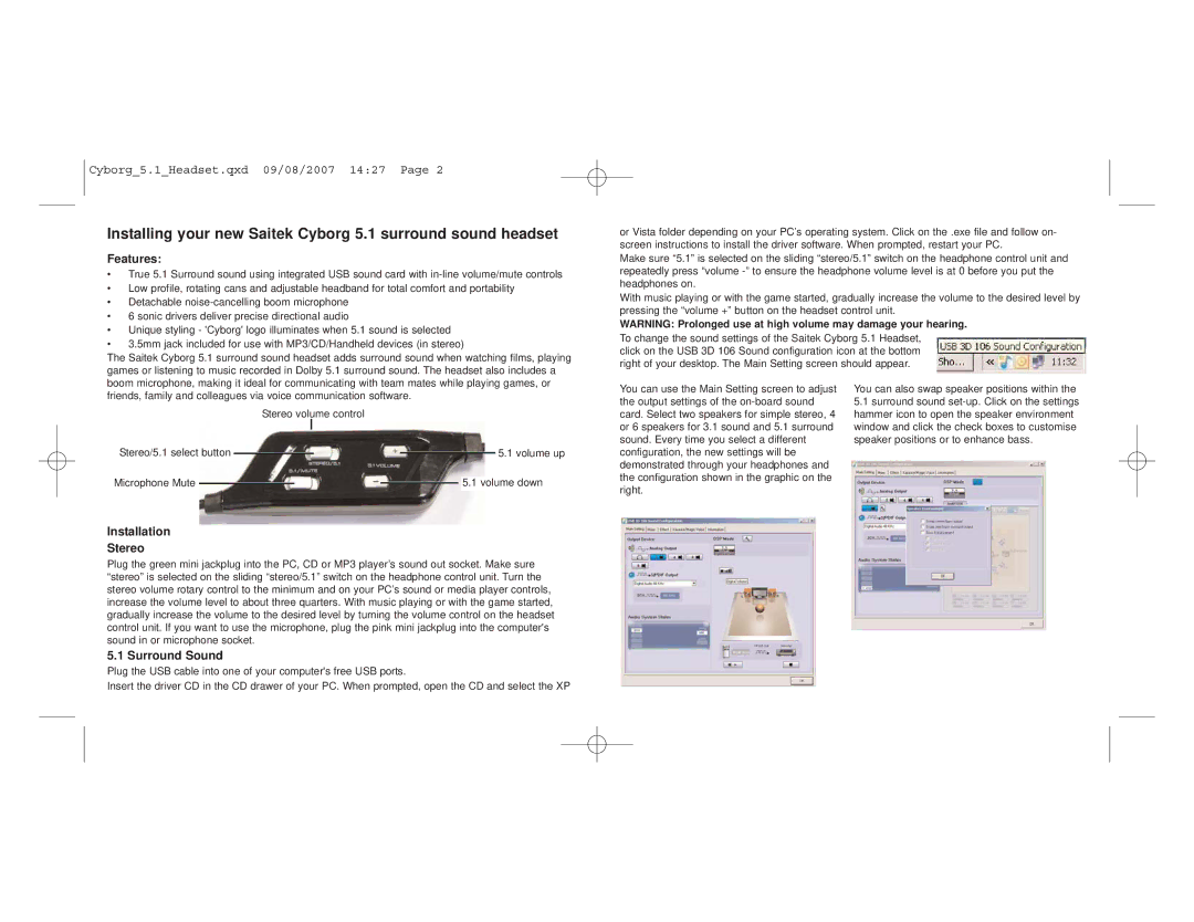 Saitek 5.1 user manual Features, Installation Stereo, Surround Sound 