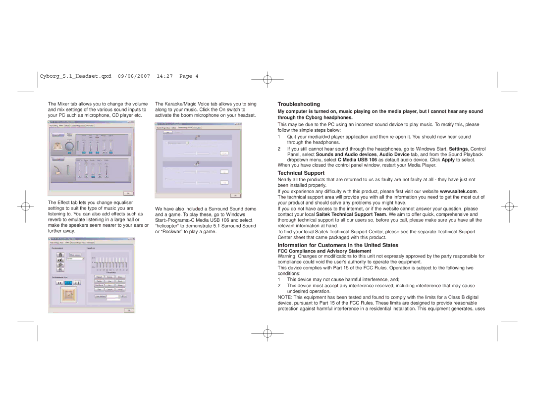 Saitek 5.1 user manual Troubleshooting, Technical Support, Information for Customers in the United States 