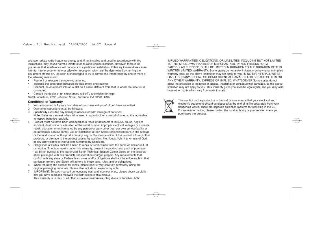 Saitek 5.1 user manual Conditions of Warranty 