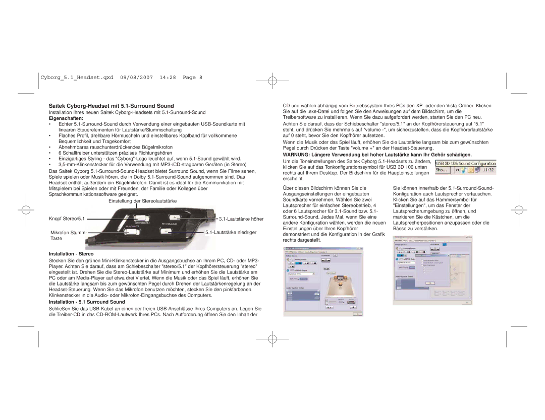 Saitek user manual Saitek Cyborg-Headset mit 5.1-Surround Sound, Eigenschaften, Installation Stereo 