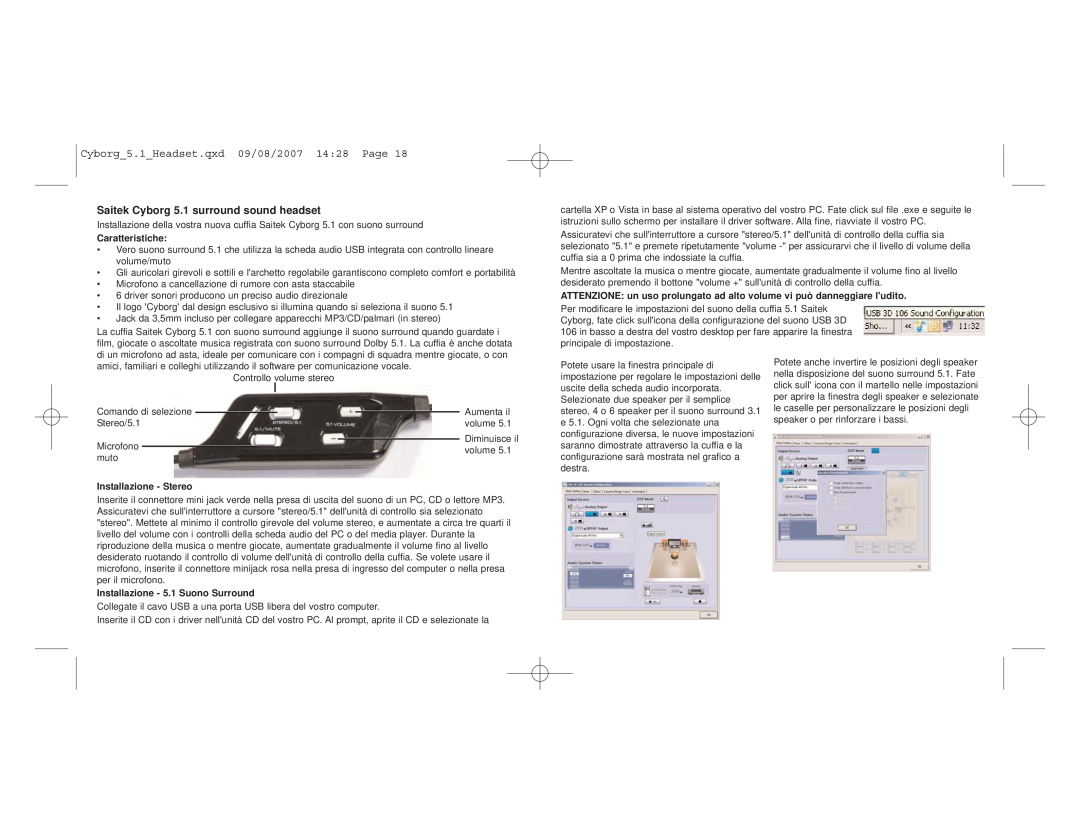 Saitek user manual Caratteristiche, Installazione - Stereo, Installazione - 5.1 Suono Surround 
