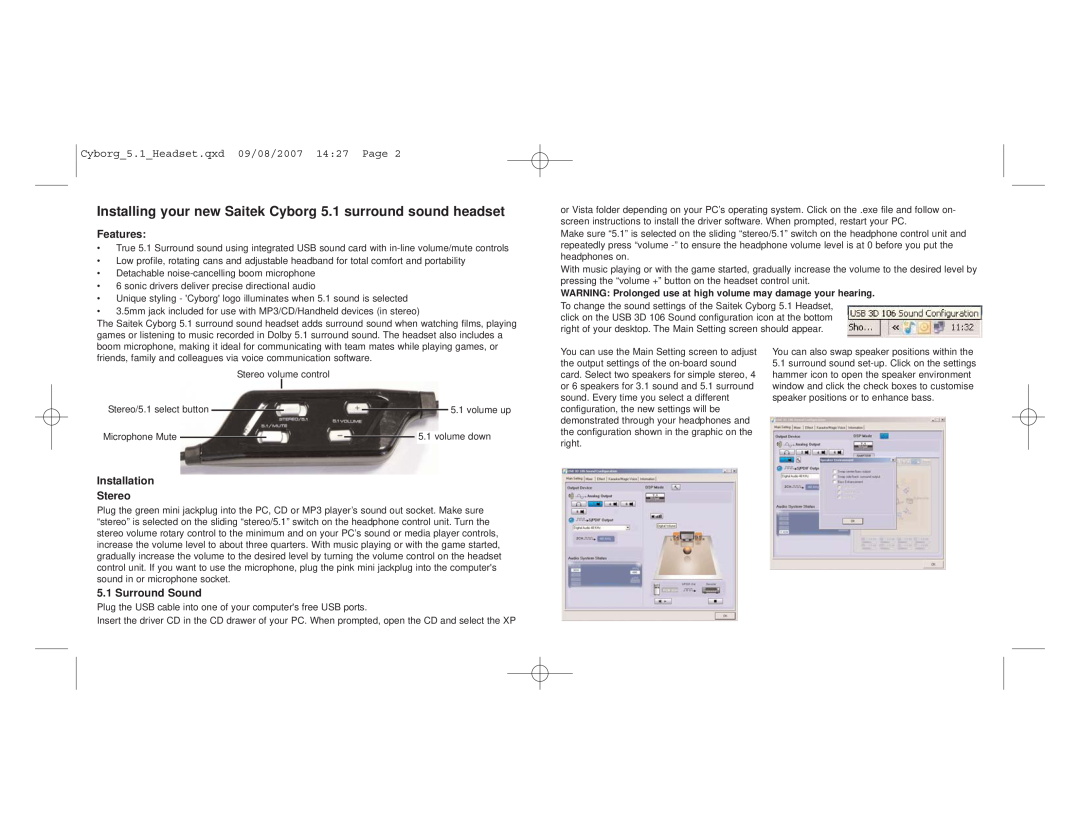 Saitek user manual Features, Installation Stereo, Surround Sound, Cyborg 5.1 Headset.qxd 09/08/2007 14 27 Page 