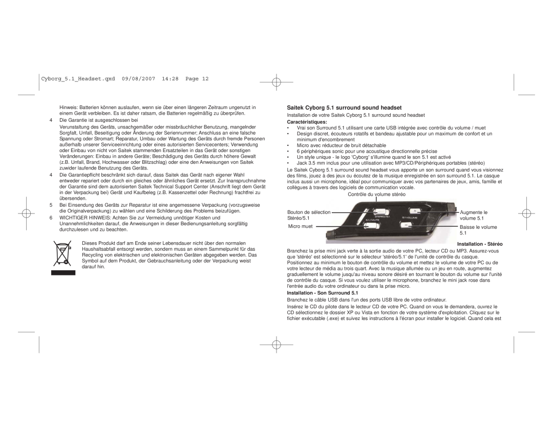 Saitek user manual Saitek Cyborg 5.1 surround sound headset, Caractéristiques, Installation - Son Surround 