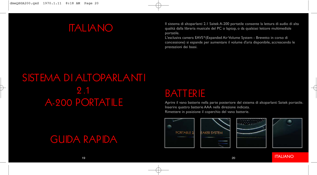 Saitek quick start Italiano Sistema Di Altoparlanti, A-200PORTATILE GUIDA RAPIDA, Batterie 
