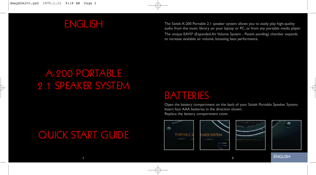 Saitek quick start ENGLISH A-200PORTABLE 2.1SPEAKER SYSTEM, Quick Start Guide, Batteries 