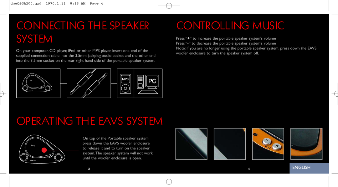 Saitek A-200 quick start Connecting The Speaker System, Controlling Music, English, Operating The Eavs System 