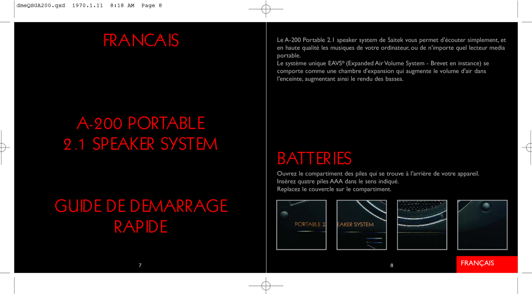 Saitek quick start Français, A-200PORTABLE, Batteries, Guide De Demarrage, Speaker System, Rapide 