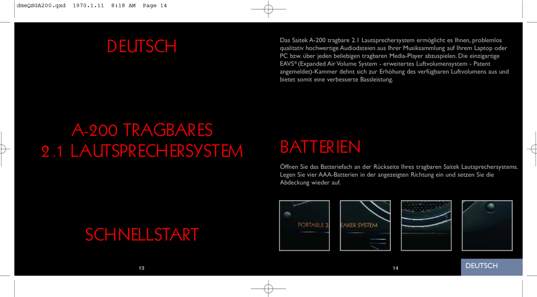 Saitek quick start DEUTSCH A-200TRAGBARES, Schnellstart, Batterien, 2.1LAUTSPRECHERSYSTEM, Deutsch 