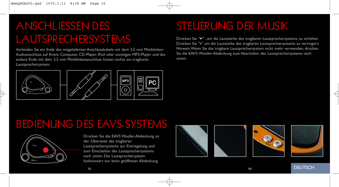 Saitek A-200 quick start Anschliessen Des Lautsprechersystems, Steuerung Der Musik, Bedienung Des Eavs-Systems, Deutsch 