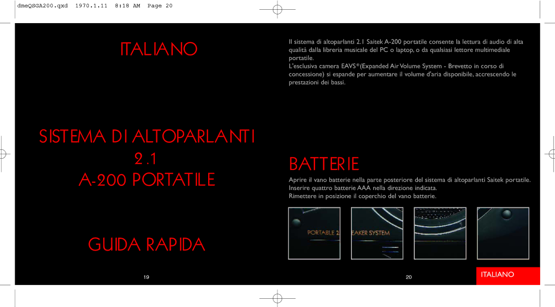 Saitek A-200 quick start Italiano Sistema DI Altoparlanti Portatile Guida Rapida, Batterie 