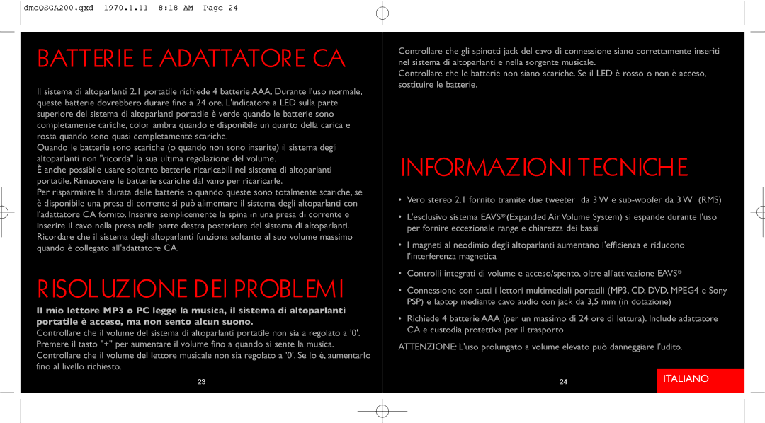 Saitek A-200 quick start Batterie E Adattatore CA, Risoluzione DEI Problemi, Informazioni Tecniche 