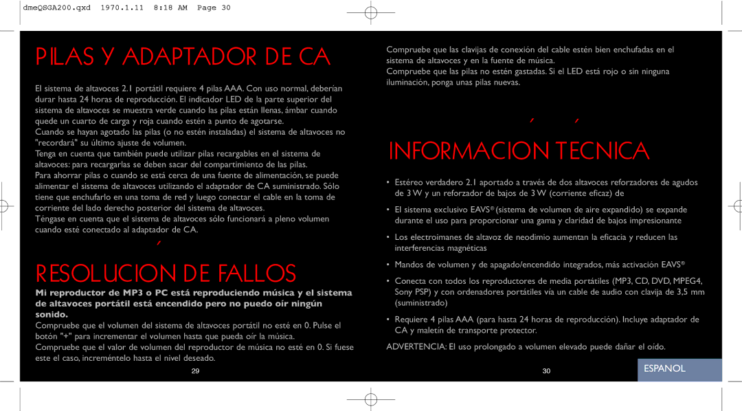 Saitek A-200 quick start Pilas Y Adaptador DE CA, Resolución DE Fallos, Información Técnica 