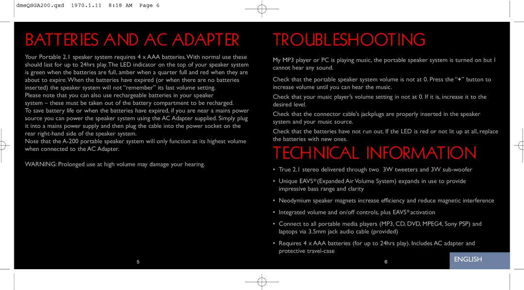 Saitek A-200 quick start Batteries and AC Adapter, Troubleshooting, Technical Information 